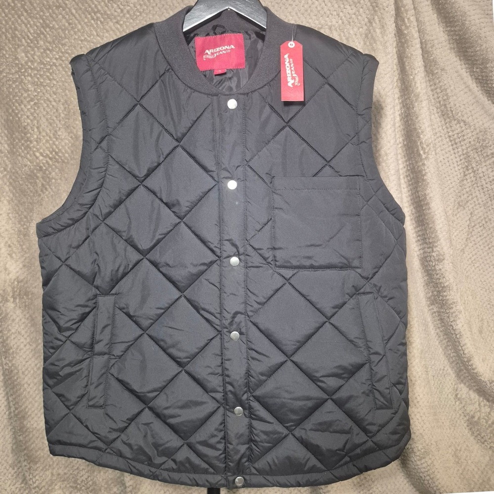 Arizona Jean Co Mens Quilted Vest Black Snap Front Puffer XL New With Tags